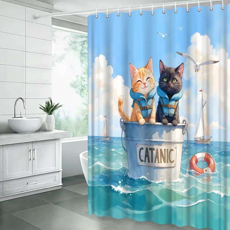 Funny Cats Shower Curtain,Catanic Animal Ocean Kittern Cute Blue Polyester
