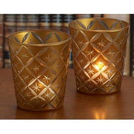 The Bombay Company Set of 2 Gold Star Etched Glass Tealight Holders, 3.5 in. x 3.9 in. by Bombay Company