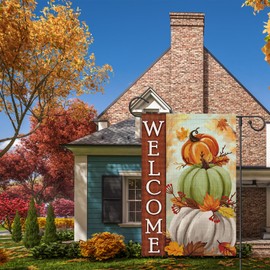Wodison Fall Welcome Garden Flag 12x18 Double Sided, Burlap Pumpkin Leaves Autumn Thanksgiving Flag for Seasonal Outdoor Yard Decorations