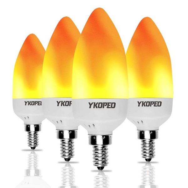 YKOPEO Flame Light Bulbs E12 LED Flickering Light Bulbs Simulated Fire Effect Tip Candelabra Bulb Flame with 3 Mode, 3W Firework Light Bulb for Halloween Christmas Holiday Lantern Decoration-4Pack