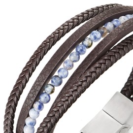 COOLSTEELANDBEYOND Multi-Strand Gem Stone Beads Chain Braided Leather Bracelet Wristband Steel Magnetic Clasp, Brown Leather and Synthetic Resin Beads, not-applicable