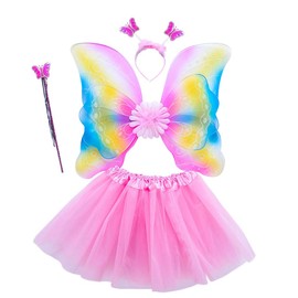 Rainbow Fairy Costume Fancy Dress Up for Girls, Butterfly Wings, Tutu, Magic Wand and Headband Set for 3-8 Years Girls (04#)