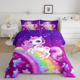Feelyou Girls Unicorn Comforter Set Full Size Kids Cute Dreamy Horse Comforter for Toddler Rainbow Reversible Stars Bedding Set Star Print Purple Duvet Set Room Decor Duvet Set