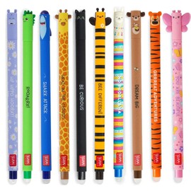 LEGAMI - Set of 10 Gel Erasable Pens, Erasable Pens, Erasable Ink Pens, Gel Pens Erasable without Leaf, 0.7 mm Tip, Assorted Ink Colours and Animal Designs