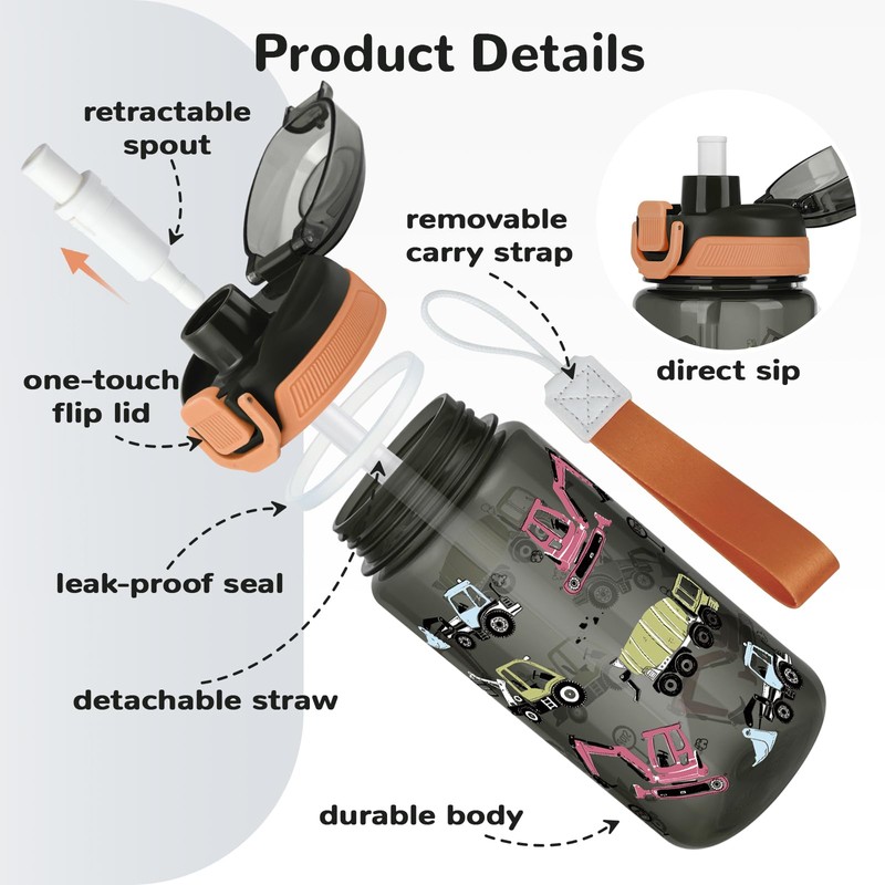 omedecal 20oz Removable Straw Kids Water Bottle, Shark & Excavator