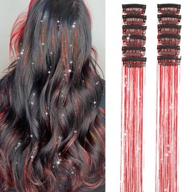 Hair Tinsel Pack of 12 Pcs Clip in Hair Tinsel 19 Inch Glitter Red Tinsel Hair Extensions, Festival Tinsel Fairy Hair Extension Party Dazzle Hair (12Pcs,Red#)