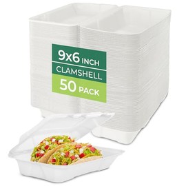 Freshware Clamshell Food Containers with Lids [9x6 50-Pack] Disposable To Go Containers, Biodegradable Sugarcane To Go Boxes - Paper Containers - Microwave & Freezer Safe, Stackable