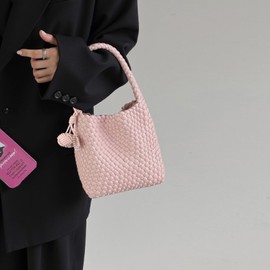 DSGUTWO Woven Top Handle Handbag for Women, Small Hobo Bag with Mini Purse, Travel Beach Tote, Designer Handmade Shoulder Bucket Bag (Light Pink), Light Pink