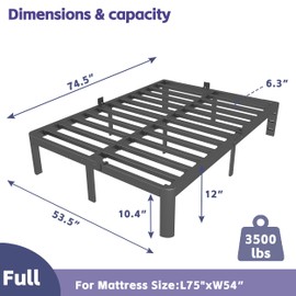 HQU Full Size Bed Frame 12 Inch, Metal Full Bed Frame No Box Spring Needed, Heavy Duty Steel Support 3500 LBS, Headboard Holes, Anti-Slip Mattress Stoppers, Rounded Legs, Storage Space, Easy Assembly
