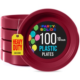 Party Solids Burgundy Plastic Plates For Party 10" Burgundy Disposable Plates Heavy Duty Supplies 100 Pieces Plastic Dinnerware Sets Heavy Duty 350 GSM Disposable Dinnerware Set