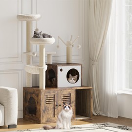 Litter Box Enclosure with Tree Tower and Condo, Wooden Cat Tower with Scratching Posts, Cat Hammock, Hidden Litter Box Furniture,Wooden Cat Furniture with Multiple Platforms,Rustic Brown