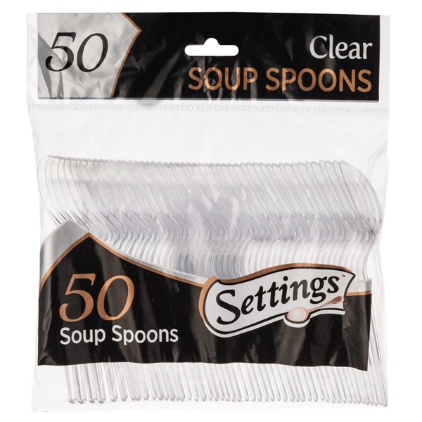 [50 Count] Settings Plastic Clear Soup Spoons, Heavyweight Disposable Cutlery, Great For Home, Office, School, Party, Picnics, Restaurant, Take-out Fast Food, Outdoor Events, Or Every Day Use, 1 Bag