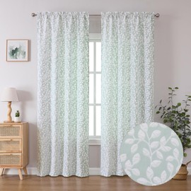 Chyhomenyc Anna White Green Curtains 96 Inch Length 2 Panels, Light Filtering Soft 3D Embossed Textured Leaf Pattern Curtain Drapes for Bedroom Living Room, Each 42Wx96L Inches