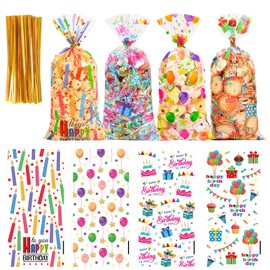 50PCS Birthday Clear Cellophane Treat Bags: Clear Goodie Bags with 60 Twist Ties for Kids Birthday Party Favors Wrapping, Packaging Candy Cookies Treat Classroom Return Gifts - 4 Colorful Designs