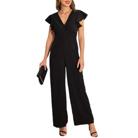 CUPSHE Women's Jumpsuit V-Neck Flutter Sleeve Jumpsuit Long Wide Leg Elegant Playsuit with Zip Summer Trouser Suit, black