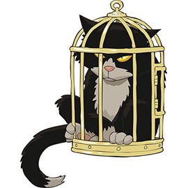 Angry Grumpy Black Kitty Cat in Gold Bird Cage Cartoon Vinyl Decal Sticker (4" Tall)