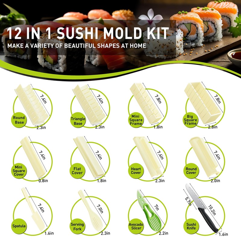 Sushi Making Kit, 12 Pcs Sushi Maker Kit, Sushi Molds
