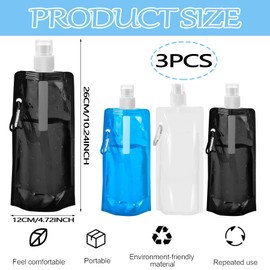 Auzlya Pack of 3 Foldable Drinking Bottles, 500 ml Foldable Water Bottle, Repeatable BPA-Free Water Bottle, Portable Flexible Collapsible with Clip, for Hiking, Travel, Adventure, Fitness