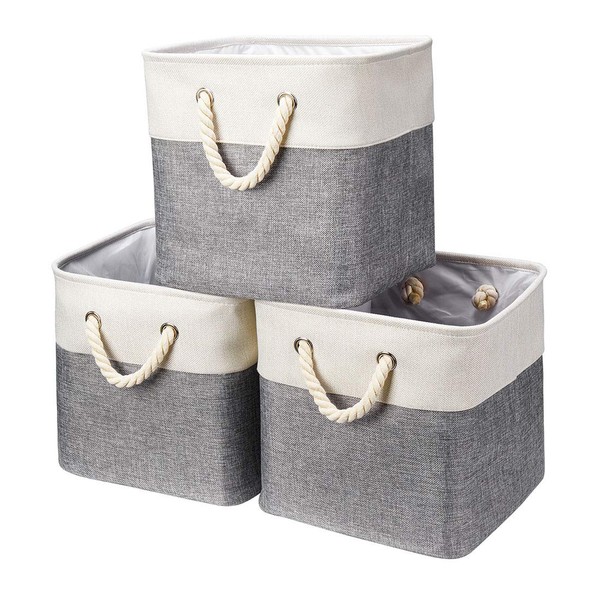 Robuy Storage Cube Basket,Set of 3 Lager Foldable Canvas Fabric Storage Bin Boxe with Cotton Rope Handles for Toys Clothes Book Organizer White & Grey 13 x 13 x 13 inches