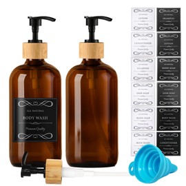Dayify 16oz/480ml Amber Glass Soap Dispenser Set, 2 Pack Dish Hand Soap Dispenser for Kitchen Bathroom, Clear Liquid Soap Bottle Dispenser with Bamboo Pump, Waterproof Labels, Funnel