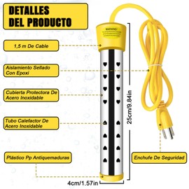 1500W Calentador de Agua de Inmersión Rápidos, Calentador de Agua, con Interruptor y Control de Temperatura, Anti-Escaldaduras de Acero Inoxidable 304. Adecuado para Viajes Familiares