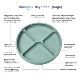 TalkTools ITSY Silicone Suction Plates – Silicon Plate For Toddlers – Baby First Food, Divided Design, Self-Feeding Suction Plate (Sage)