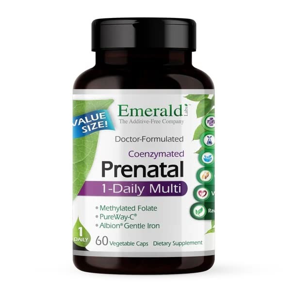 Emerald Labs Prenatal 1-Daily Multi - Multivitamin for Pregnant Women with Coenzyme Folic Acid and Gentle Iron to Help Support Brain and Skeletal Development - 60 Vegetable Capsules