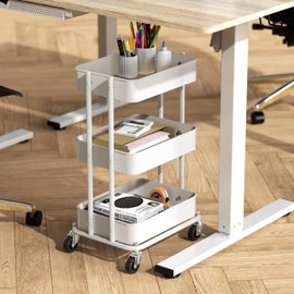 Simple Houseware 3-Tier Compact Utility Rolling Cart, Low 24” Height Fits Under Desk, Space-Saving Storage for Home Office, Dining Room, or Kitchen, White
