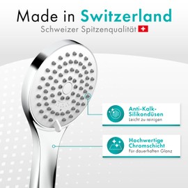 Engelbach® Water Saving Shower Head - Made in Switzerland | 3 Jet Types: Gentle Rain, Massage & Intensive | Universal Shower Head (9L/min), Hand Shower, Chrome