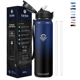 Grsta Trinkflasche Edelstahl, Trinkflasche Sport BPA-Frei, Trinkflasche mit Strohhalm Kalt&Warm, 1 liter Trinkflasche, Leicht zu Reinigen, Wasserflasche für Fitness, Wandern, Camping, Yoga