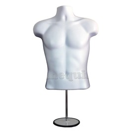 Male Mannequin Torso with Stand Dress Form Tshirt Display Countertop Hollow Back Body with Metal Pole & Hanging Hook S-M Clothing Sizes White