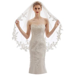 Elawbty Velo de novia corto de encaje de 2 niveles para mujer, con peine, X07, Marfil & Estilo 1, 2 T(1st tier 70cm/27inch,2nd tier 95cm/38 inch)