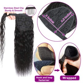 100% Real Human Hair Ponytail Wrap Around Hair Extensions Water Wave, Magic Paste Natural Wavy Deep Curly Ponytail for Black Women (14 Inch)