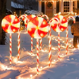 VINEROOF 10PK 8 Modes Flashing Christmas Candy Cane Lollipop Lights for Pathway Outdoor 130 LED Waterproof Lighted Up Christmas Light Decor for Garden Yard (RED)