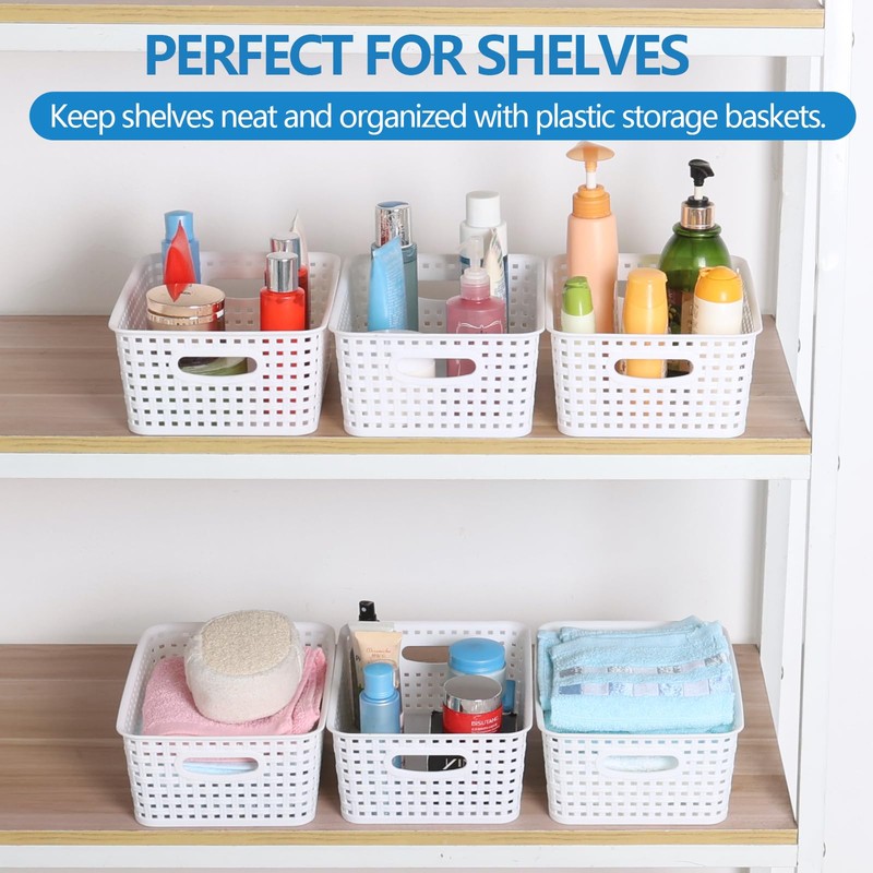 Nicesh 6-Pack Small Storage Baskets, Woven Plastic Basket, White