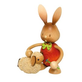 Drechslerei Kuhnert Easter Decoration / Easter Bunny "Stupsi Rabbit with Lamb" 11 cm, Made of the Finest Wood, for a Charming Easter Party or a Durable Decoration, Wooden Art Made in Germany