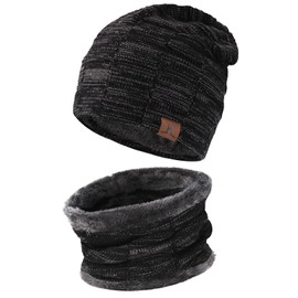 Mens Winter Beanie Hats Scarf Set Warm Knit Skull Caps Neck Warmer with Fleece Lined Gifts for Men Women
