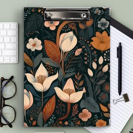 Ku-dayi Vintage Dark Flower Clipboard Padfolio with Storage Pocket, Retro Modern Boho Cottagecore Botanical Plant Floral Low Profile Clip Boards for Nurse Office Classroom, 12.4 x 9.25 in