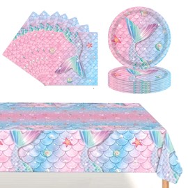 POPOYU 37-Piece Mermaid Party Tableware Set, Mermaid Birthday Decoration with Plates, Napkins, Tablecloths, Mermaid Decoration Tableware, Party Accessories for Boys and Girls, Children's Birthday