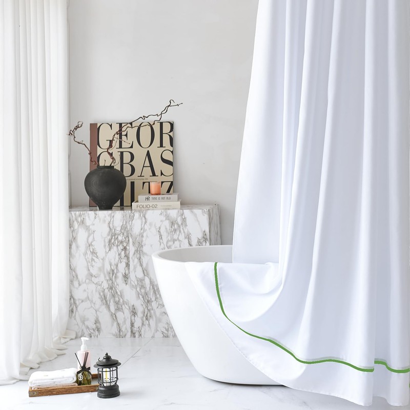 White Shower Curtain with Oliver Green Border, Modern Chic Faux