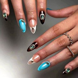 MISUD Almond Press on Nails Medium Fake Nails Glossy Glue on Nails Vintage Rhinestone Acrylic Nail Supplies Stiletto Artificial Nail Art Blue Ombre False Nails with Design DIY 24 pcs