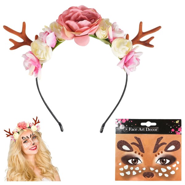 Antlers Headband,Christmas Deer Antlers Headband with Deer Face Stickers Reindeer