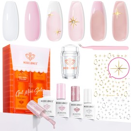 modelones Gel Nail Polish Kit French Jelly Pink White Sheer Nude Gel Polish Set with French Tip Stamp Tool & Silver Gold Stickers, 4 Colors Gel Mini Salon Home DIY Trend Manicure Gift for Women