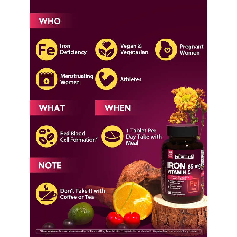 Iron Supplement for Women Men, High Potency Iron 65mg with