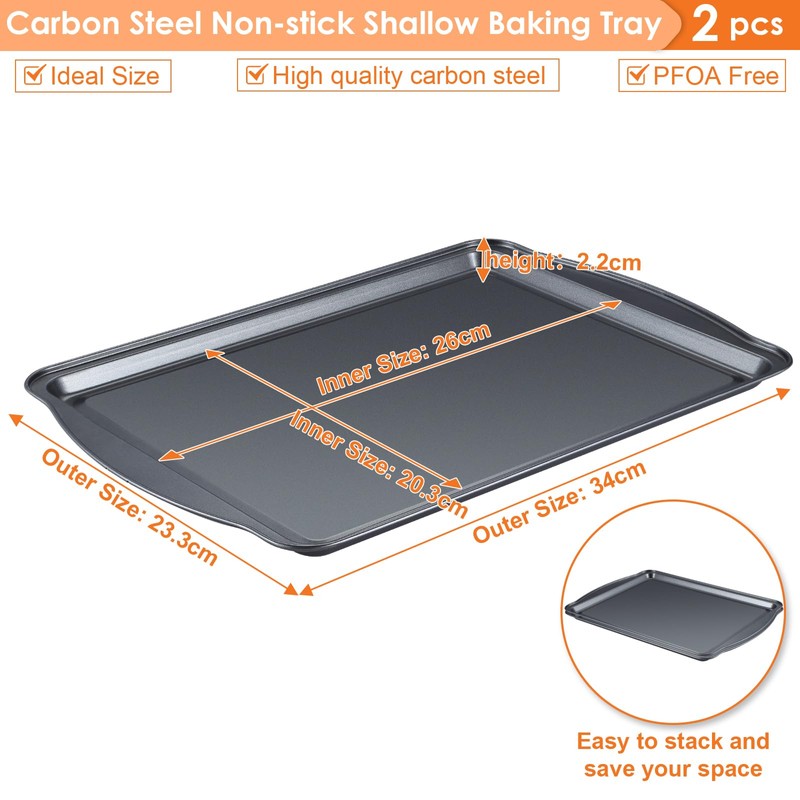BEWOS 2 PCS Carbon Steel Cooking Trays for Oven –34×23.3×2.2cm