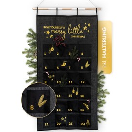 AMARI ® Advent Calendar for Filling, Black/Gold, XXL Wall Calendar (70 x 130 cm) with 24 Compartments for Crafts for Christmas, Advent Calendar for Hanging, Fabric, Christmas Calendar