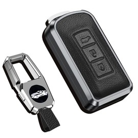 SANRILY Aluminum Alloy Frame & Genuine Leather Key Fob Cover for Mitsubishi Outlander ASX Lancer Evo X GTS EX Keyless Full Protection 3 Button Key Fob Protector with Keychain Black