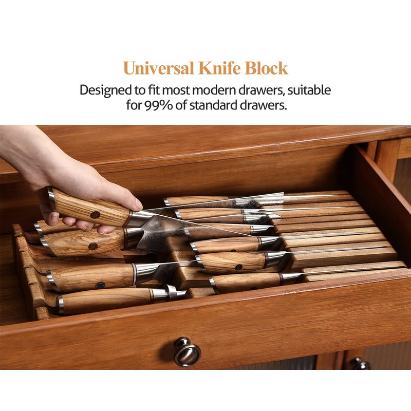XINZUO In-drawer Knife Block, Natural Acacia Knife Drawer Oganizer, Insert-Kitchen