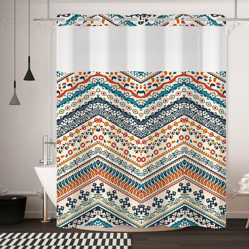 Yanutan No Hook Shower Curtain,Orange Bohemian Double-Layered Shower Curtain with