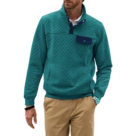 JMIERR Mens Quilted Sweatshirt Vintage Long Sleeve Outdoor Stand Collar 1/4 Button Pullover Sweatshirts Fall Fashion Clothing with Pockets, US 50(2XL), Teal Green